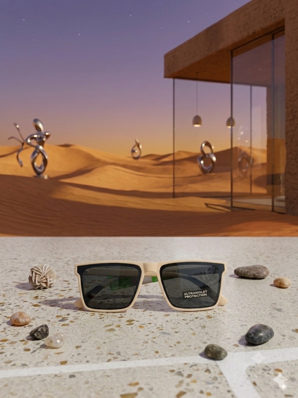 Men's Cream Square Sunglasses with UV Protection